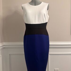 Calvin Klein White, Black, and Blue Midi Dress